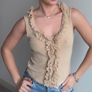 Vintage Beige Mesh Ruffle Front Tank